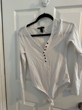Forever 21 White Ribbed Henley Tie-Front Bodysuit